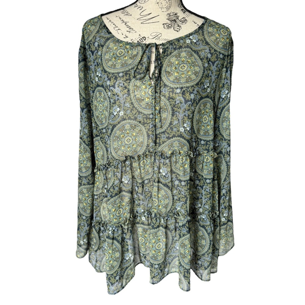 Loft Blouse Paisley Sheer XL Green Boho Peasant Baby Doll Tiered Bell Sleeve